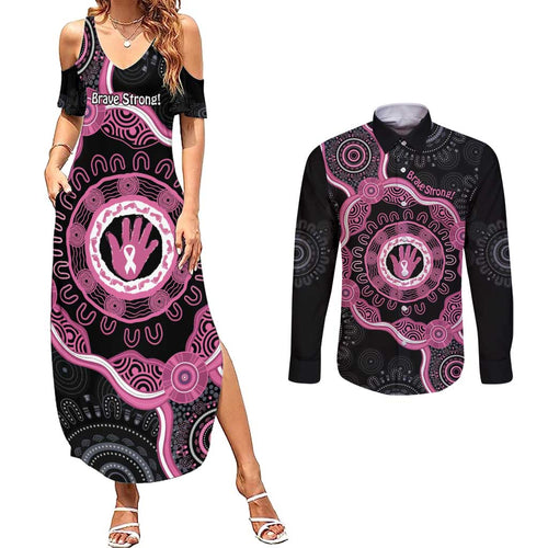 Personalised Australia Breast Cancer Couples Matching Summer Maxi Dress and Long Sleeve Button Shirt Brave Strong Aboriginal Art