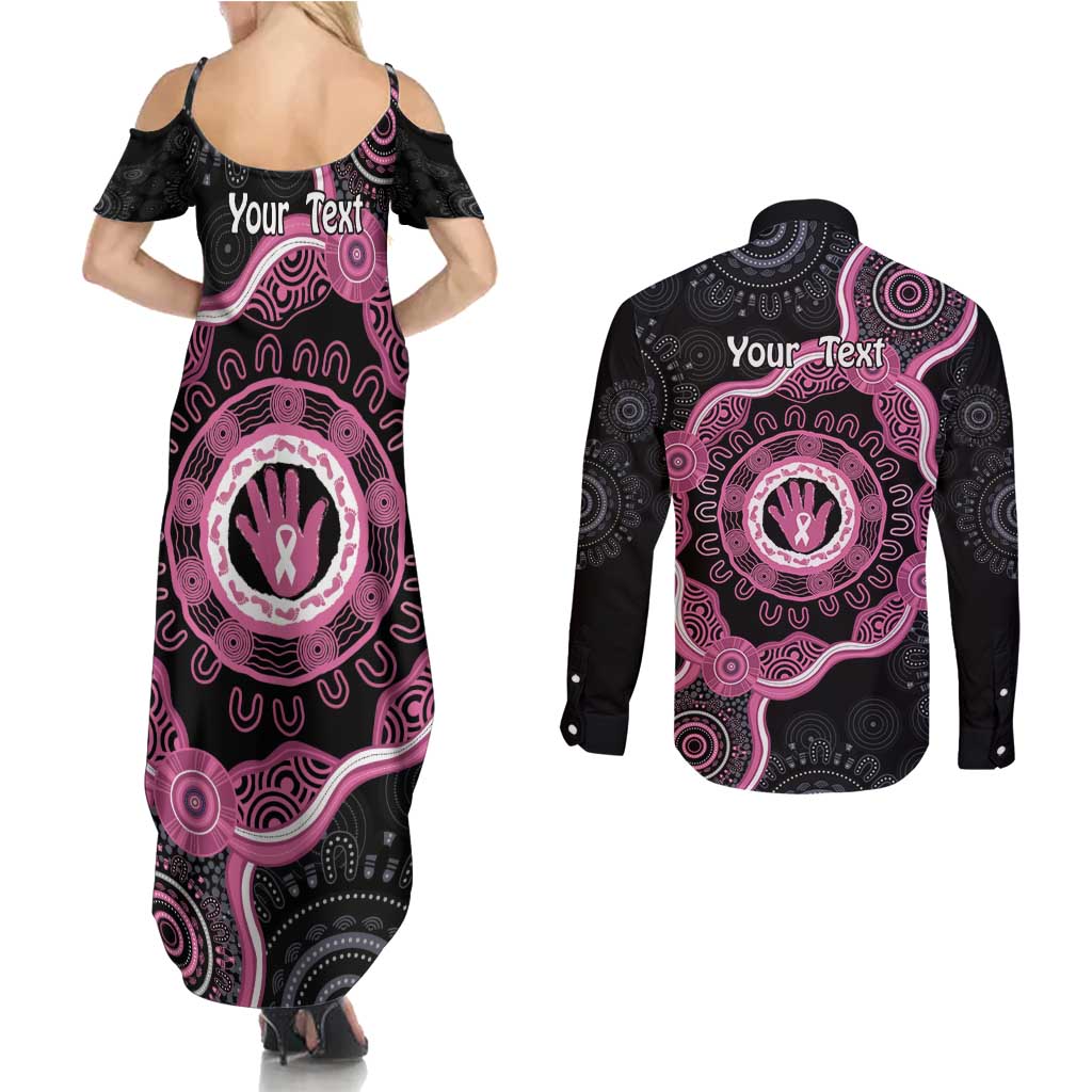 Personalised Australia Breast Cancer Couples Matching Summer Maxi Dress and Long Sleeve Button Shirt Brave Strong Aboriginal Art
