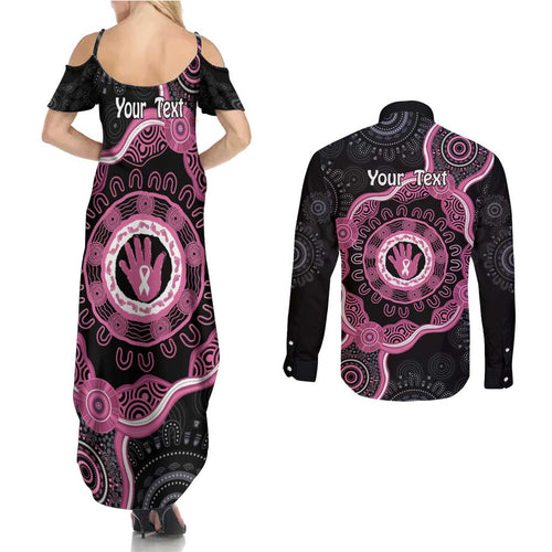 Personalised Australia Breast Cancer Couples Matching Summer Maxi Dress and Long Sleeve Button Shirt Brave Strong Aboriginal Art
