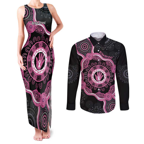 Personalised Australia Breast Cancer Couples Matching Tank Maxi Dress and Long Sleeve Button Shirt Brave Strong Aboriginal Art