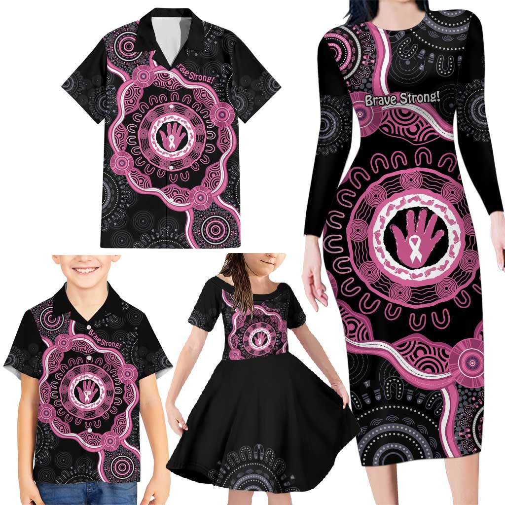 Personalised Australia Breast Cancer Family Matching Long Sleeve Bodycon Dress and Hawaiian Shirt Brave Strong Aboriginal Art