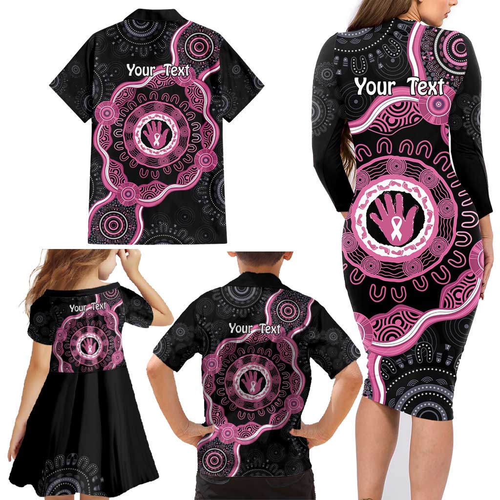 Personalised Australia Breast Cancer Family Matching Long Sleeve Bodycon Dress and Hawaiian Shirt Brave Strong Aboriginal Art