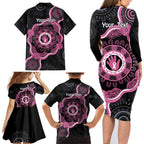 Personalised Australia Breast Cancer Family Matching Long Sleeve Bodycon Dress and Hawaiian Shirt Brave Strong Aboriginal Art