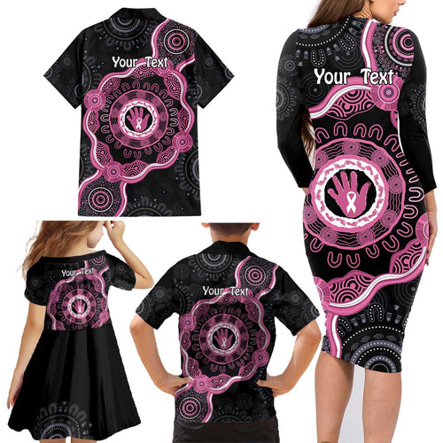 Personalised Australia Breast Cancer Family Matching Long Sleeve Bodycon Dress and Hawaiian Shirt Brave Strong Aboriginal Art