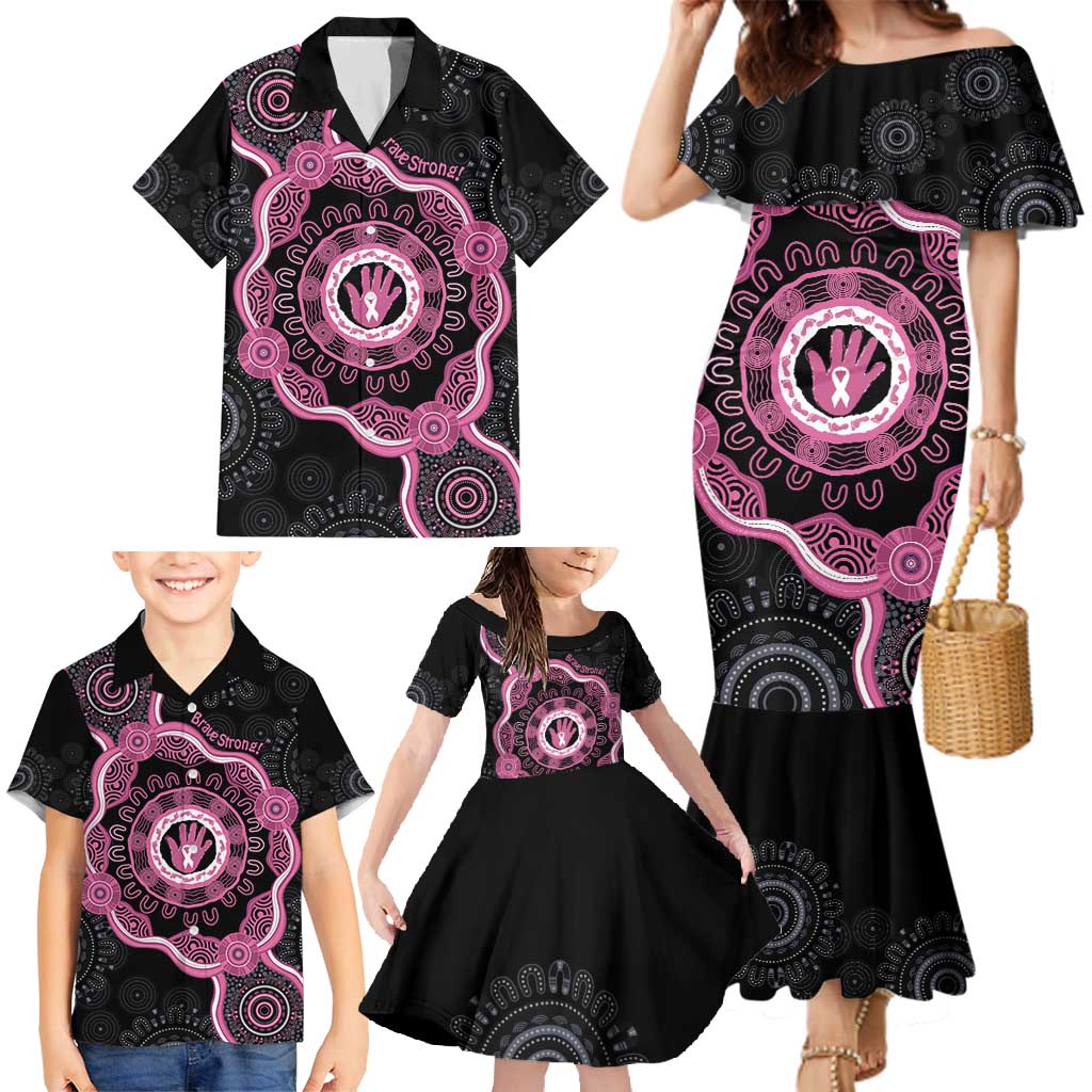 Personalised Australia Breast Cancer Family Matching Mermaid Dress and Hawaiian Shirt Brave Strong Aboriginal Art