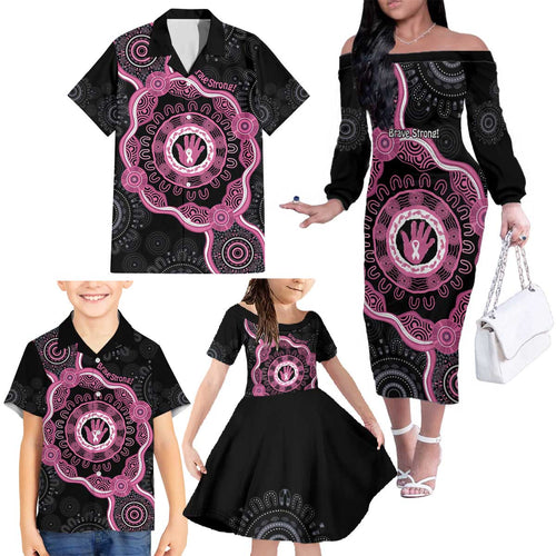 Personalised Australia Breast Cancer Family Matching Off The Shoulder Long Sleeve Dress and Hawaiian Shirt Brave Strong Aboriginal Art
