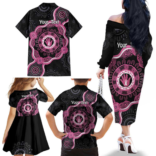 Personalised Australia Breast Cancer Family Matching Off The Shoulder Long Sleeve Dress and Hawaiian Shirt Brave Strong Aboriginal Art