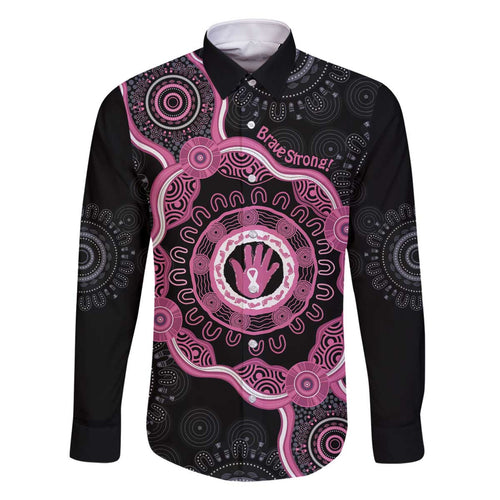 Personalised Australia Breast Cancer Family Matching Off The Shoulder Long Sleeve Dress and Hawaiian Shirt Brave Strong Aboriginal Art