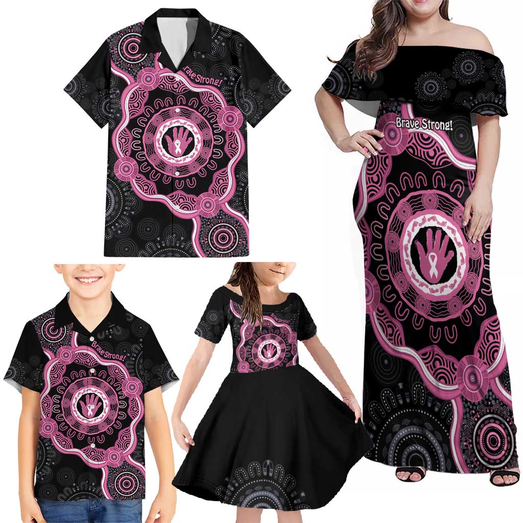 Personalised Australia Breast Cancer Family Matching Off Shoulder Maxi Dress and Hawaiian Shirt Brave Strong Aboriginal Art