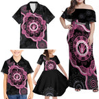 Personalised Australia Breast Cancer Family Matching Off Shoulder Maxi Dress and Hawaiian Shirt Brave Strong Aboriginal Art