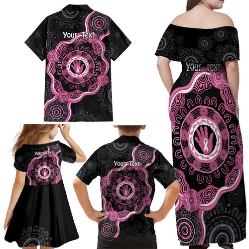 Personalised Australia Breast Cancer Family Matching Off Shoulder Maxi Dress and Hawaiian Shirt Brave Strong Aboriginal Art
