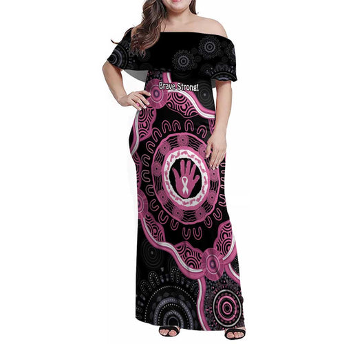 Personalised Australia Breast Cancer Family Matching Off Shoulder Maxi Dress and Hawaiian Shirt Brave Strong Aboriginal Art