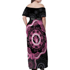 Personalised Australia Breast Cancer Family Matching Off Shoulder Maxi Dress and Hawaiian Shirt Brave Strong Aboriginal Art