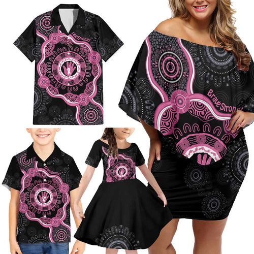 Personalised Australia Breast Cancer Family Matching Off Shoulder Short Dress and Hawaiian Shirt Brave Strong Aboriginal Art