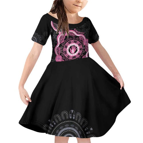 Personalised Australia Breast Cancer Family Matching Off Shoulder Short Dress and Hawaiian Shirt Brave Strong Aboriginal Art