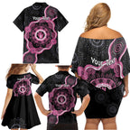 Personalised Australia Breast Cancer Family Matching Off Shoulder Short Dress and Hawaiian Shirt Brave Strong Aboriginal Art