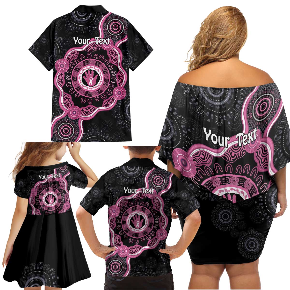 Personalised Australia Breast Cancer Family Matching Off Shoulder Short Dress and Hawaiian Shirt Brave Strong Aboriginal Art