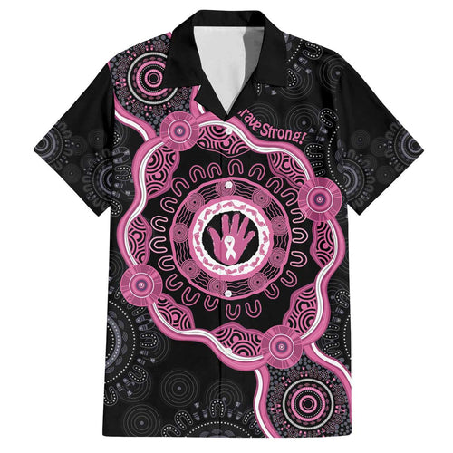 Personalised Australia Breast Cancer Family Matching Off Shoulder Short Dress and Hawaiian Shirt Brave Strong Aboriginal Art