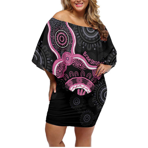 Personalised Australia Breast Cancer Family Matching Off Shoulder Short Dress and Hawaiian Shirt Brave Strong Aboriginal Art