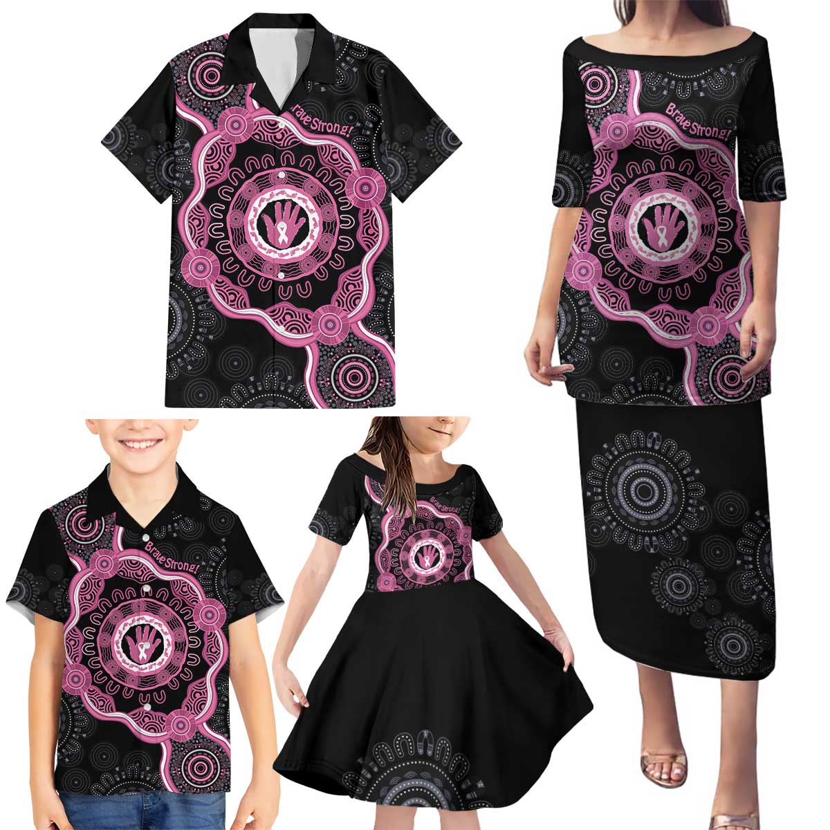 Personalised Australia Breast Cancer Family Matching Puletasi and Hawaiian Shirt Brave Strong Aboriginal Art