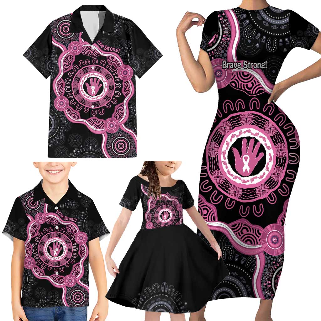 Personalised Australia Breast Cancer Family Matching Short Sleeve Bodycon Dress and Hawaiian Shirt Brave Strong Aboriginal Art
