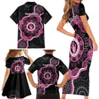 Personalised Australia Breast Cancer Family Matching Short Sleeve Bodycon Dress and Hawaiian Shirt Brave Strong Aboriginal Art