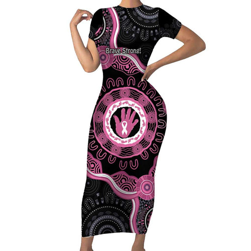 Personalised Australia Breast Cancer Family Matching Short Sleeve Bodycon Dress and Hawaiian Shirt Brave Strong Aboriginal Art