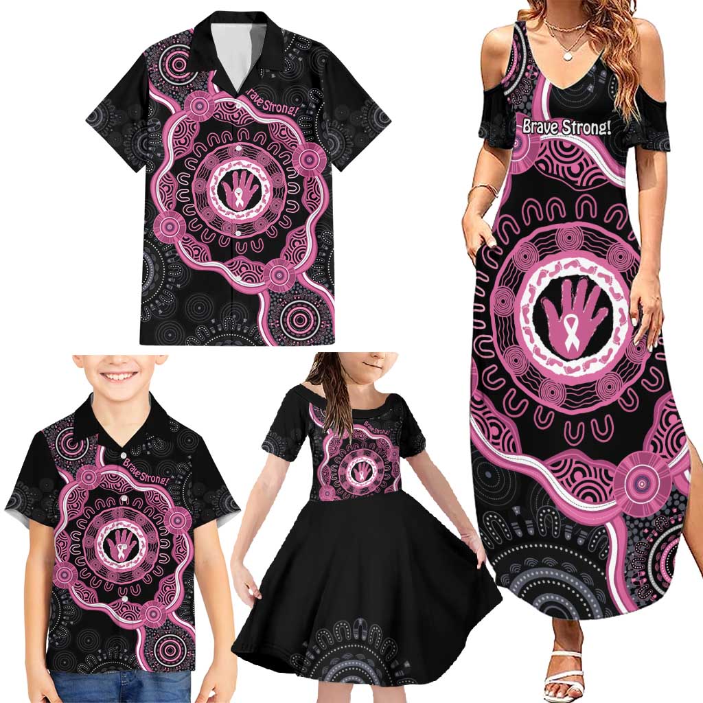 Personalised Australia Breast Cancer Family Matching Summer Maxi Dress and Hawaiian Shirt Brave Strong Aboriginal Art