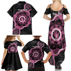 Personalised Australia Breast Cancer Family Matching Summer Maxi Dress and Hawaiian Shirt Brave Strong Aboriginal Art