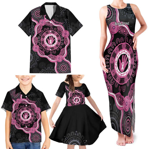 Personalised Australia Breast Cancer Family Matching Tank Maxi Dress and Hawaiian Shirt Brave Strong Aboriginal Art