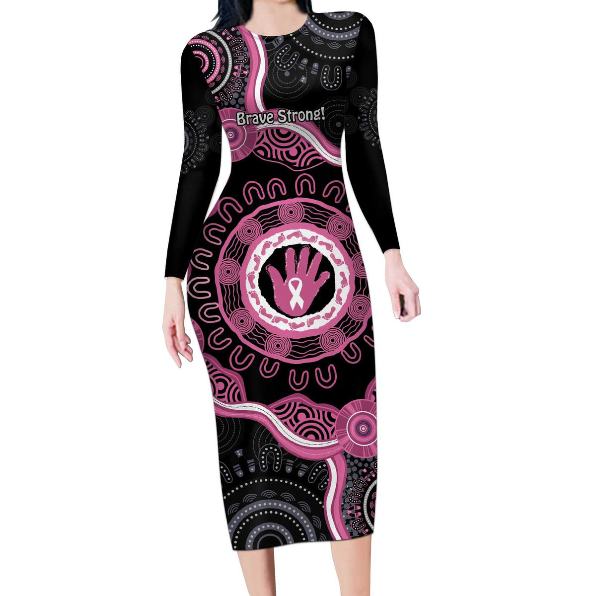Personalised Australia Breast Cancer Long Sleeve Bodycon Dress Brave Strong Aboriginal Art