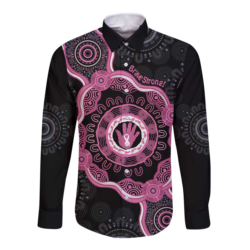 Personalised Australia Breast Cancer Long Sleeve Button Shirt Brave Strong Aboriginal Art