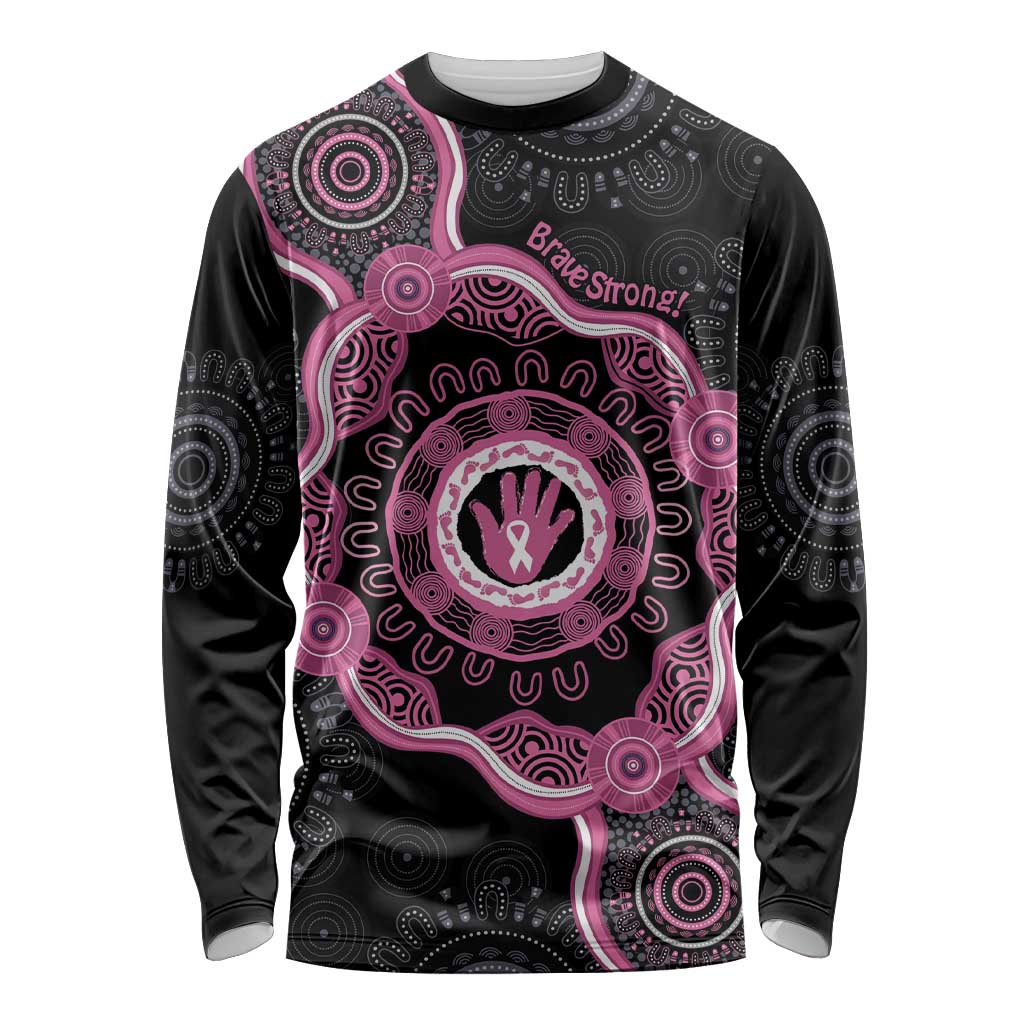 Personalised Australia Breast Cancer Long Sleeve Shirt Brave Strong Aboriginal Art