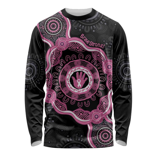 Personalised Australia Breast Cancer Long Sleeve Shirt Brave Strong Aboriginal Art