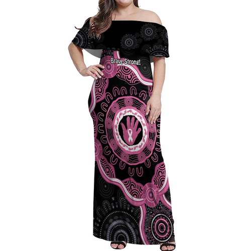 Personalised Australia Breast Cancer Off Shoulder Maxi Dress Brave Strong Aboriginal Art