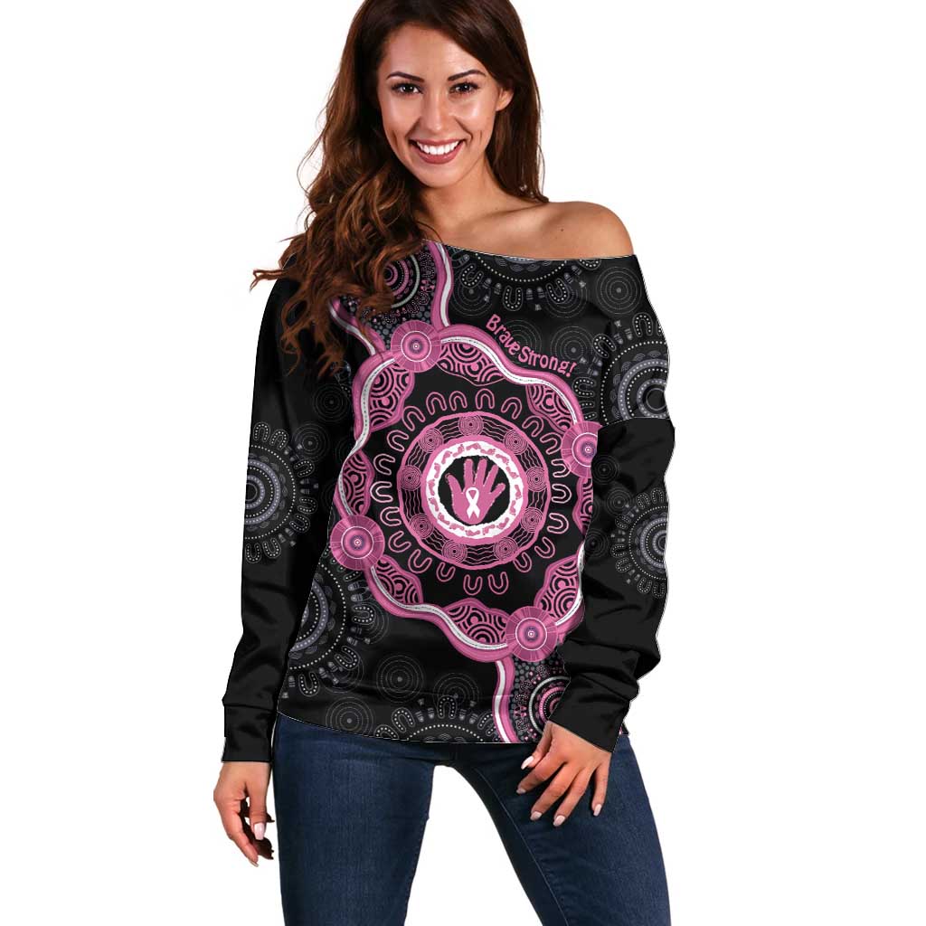 Personalised Australia Breast Cancer Off Shoulder Sweater Brave Strong Aboriginal Art