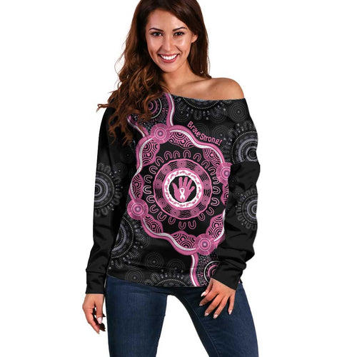 Personalised Australia Breast Cancer Off Shoulder Sweater Brave Strong Aboriginal Art