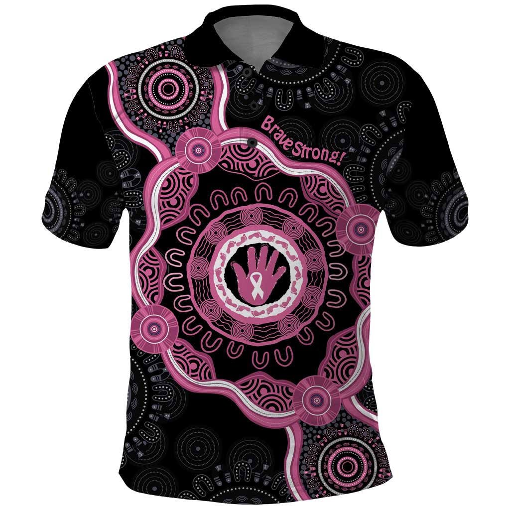 Personalised Australia Breast Cancer Polo Shirt Brave Strong Aboriginal Art