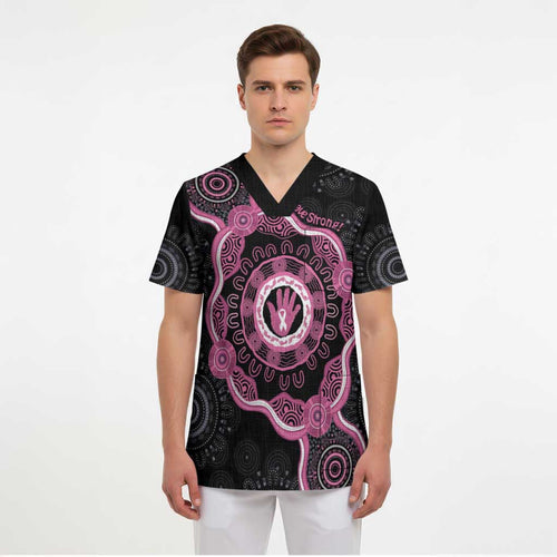 Personalised Australia Breast Cancer Scrub Top Brave Strong Aboriginal Art - Aussie Hoodie