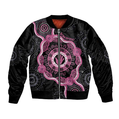 Personalised Australia Breast Cancer Sleeve Zip Bomber Jacket Brave Strong Aboriginal Art