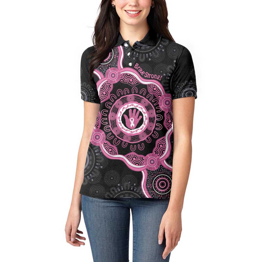 Personalised Australia Breast Cancer Women Polo Shirt Brave Strong Aboriginal Art