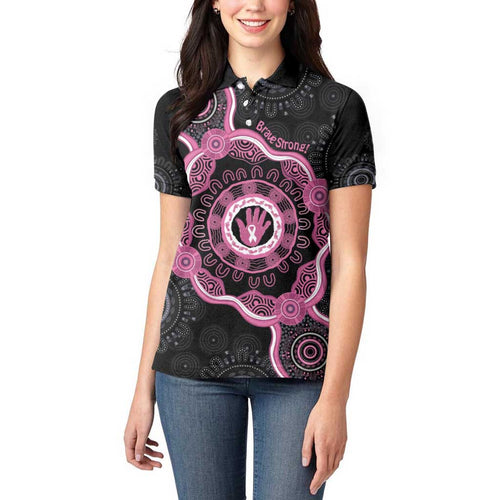 Personalised Australia Breast Cancer Women Polo Shirt Brave Strong Aboriginal Art