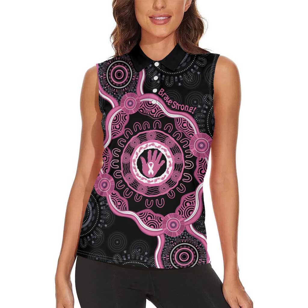 Personalised Australia Breast Cancer Women Sleeveless Polo Shirt Brave Strong Aboriginal Art