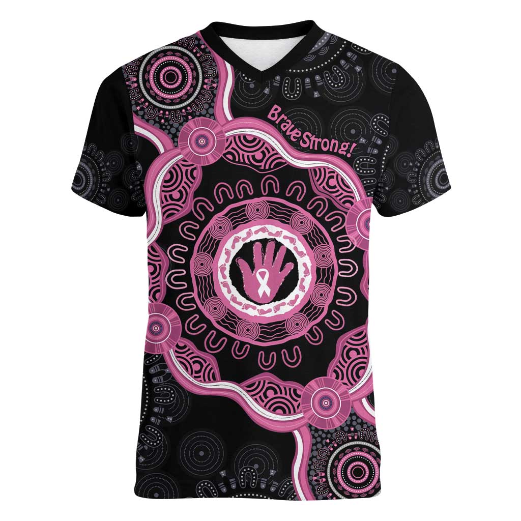 Personalised Australia Breast Cancer Women V-Neck T-Shirt Brave Strong Aboriginal Art