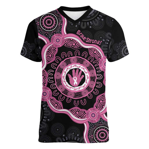 Personalised Australia Breast Cancer Women V-Neck T-Shirt Brave Strong Aboriginal Art