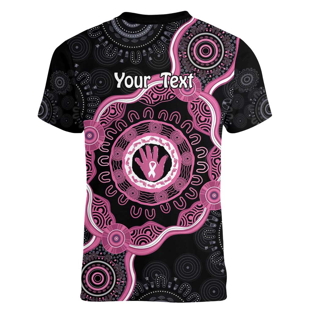 Personalised Australia Breast Cancer Women V-Neck T-Shirt Brave Strong Aboriginal Art