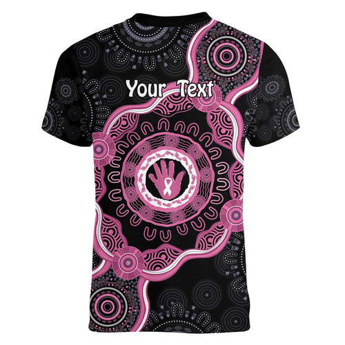 Personalised Australia Breast Cancer Women V-Neck T-Shirt Brave Strong Aboriginal Art