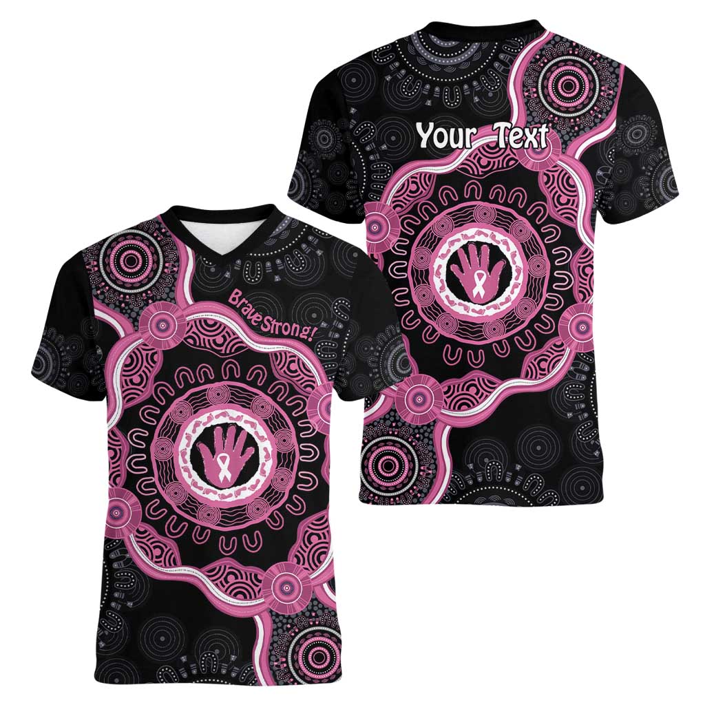 Personalised Australia Breast Cancer Women V-Neck T-Shirt Brave Strong Aboriginal Art