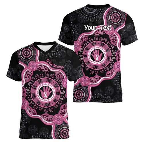 Personalised Australia Breast Cancer Women V-Neck T-Shirt Brave Strong Aboriginal Art