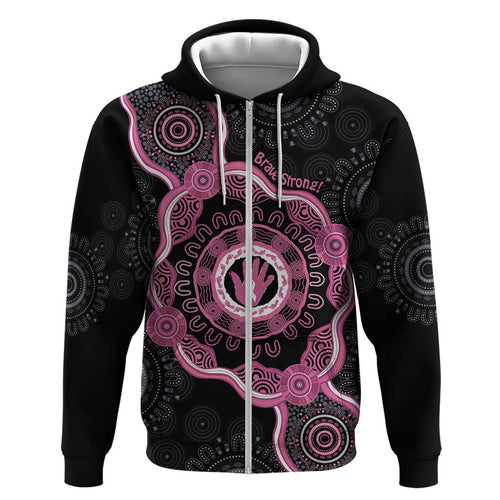Personalised Australia Breast Cancer Zip Hoodie Brave Strong Aboriginal Art
